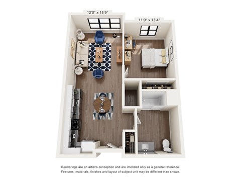 Floor plan for 1 bed, 1 bath, 746 sqft